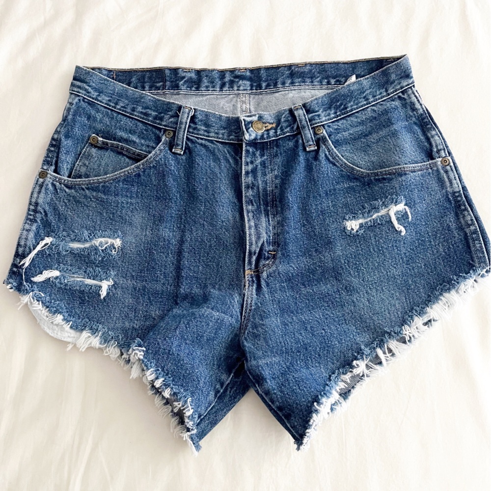 Wranglers Repurposed Upcycled High Waist Cut Off Jean Shorts Sz 34 Boho Festival